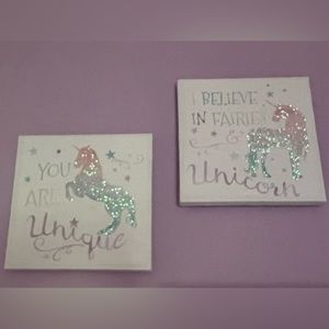 Set of 2 sparkly unicorn canvas pictures